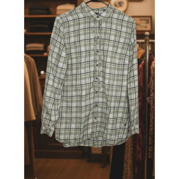Eddie Bauer Plaid Ruffle Blouse Size L - Green Gray Cotton Roll Tab Sleeves - Picture 1 of 9